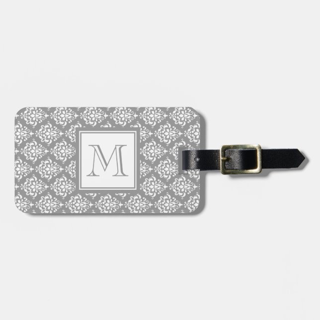 Grey Damask Pattern 1 with Monogram Luggage Tag (Front Horizontal)