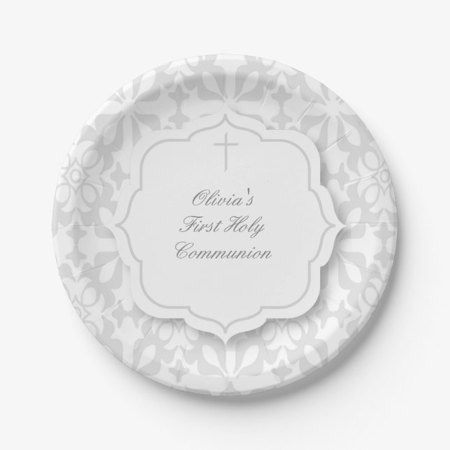 Grey Damask Pattern with Cross Paper Plate (Front)
