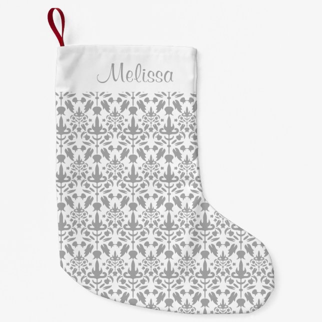 Grey Damask Pattern With Custom Name Small Christmas Stocking (Front)