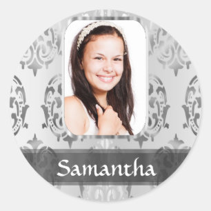 Grey damask personalised photo border classic round sticker