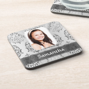 Grey damask personalised photo border coaster