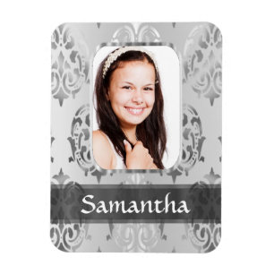 Grey damask personalised photo border magnet