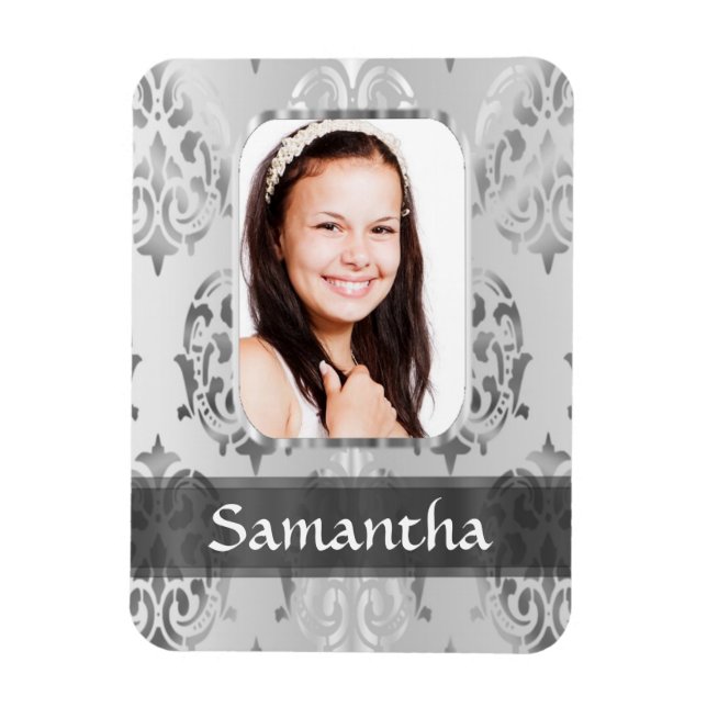 Grey damask personalised photo border magnet (Vertical)