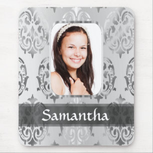 Grey damask personalised photo border mouse pad