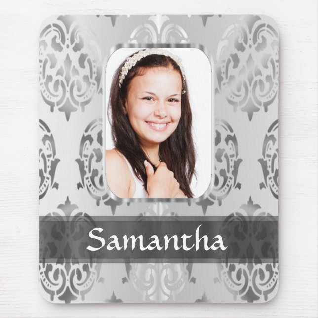 Grey damask personalised photo border mouse pad (Front)