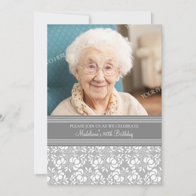 Grey Damask Photo 80th Birthday Party Invitations (Front)