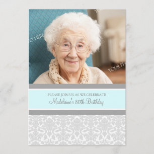 Grey Damask Photo 80th Birthday Party Invitations