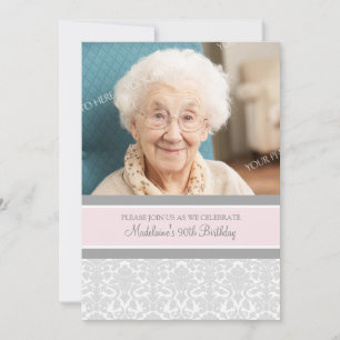 Grey Damask Photo 90th Birthday Party Invitations