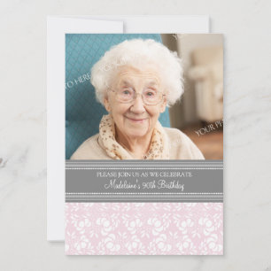 Grey Damask Photo 90th Birthday Party Invitations
