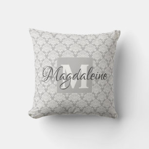 Grey Damask Pillow with Monogram & Name