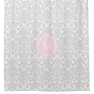 Grey Damask Pink Monogram Shower Curtain