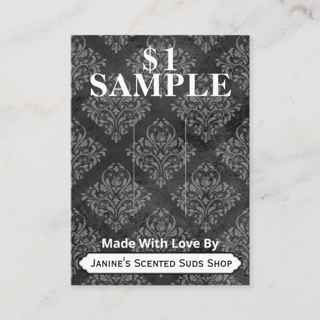 Grey Damask Soap Sample Display Business Card (Front)