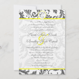 Grey Damask Swirls Bight Yellow Wedding Invitation