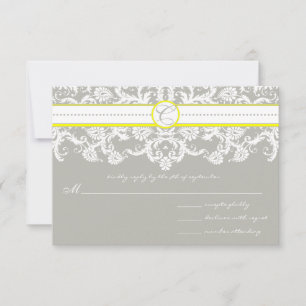 Grey Damask Swirls Bright Yellow Wedding RSVP Card