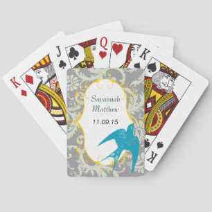Grey Damask Teal Sparrow Wedding Playing Card