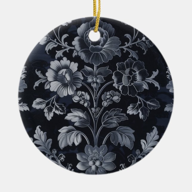 Grey Damask Vintage Inspired Ceramic Ornament (Front)