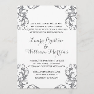 Grey Damask Wedding Invitation