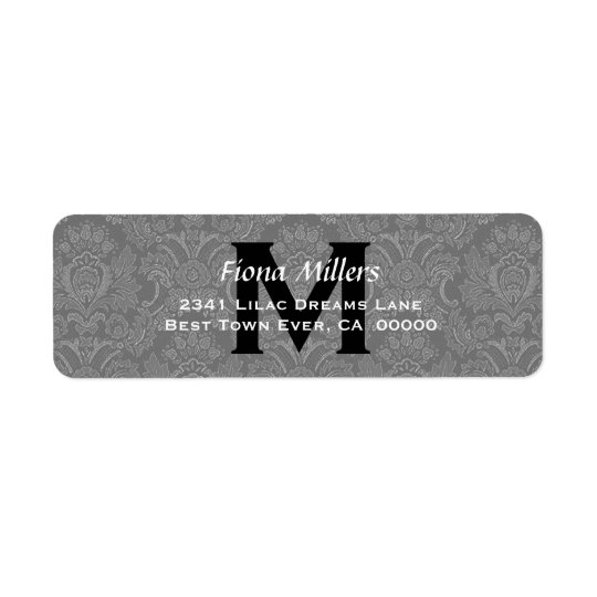 Grey Damask Wedding Monogram Address Label V11