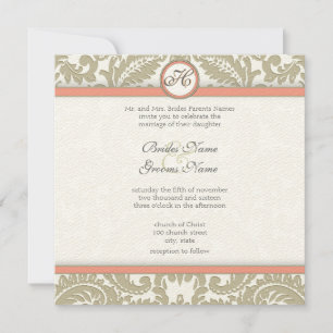 Grey Damask with Coral & Grey Wedding Invitations