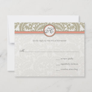 Grey Damask with Coral & Grey Wedding RSVP Card