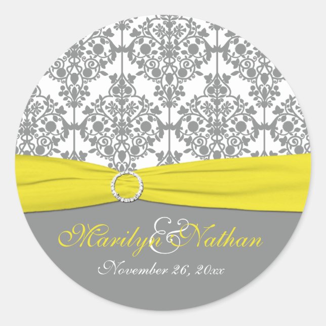 Grey Damask with Yellow 1.5" Round Sticker (Front)