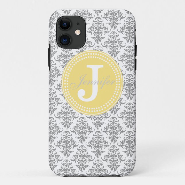 Grey Damask & Yellow Monogram iPhone Case (Back)