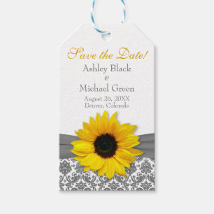 Grey Damask Yellow Sunflower Wedding Save the Date Gift Tags