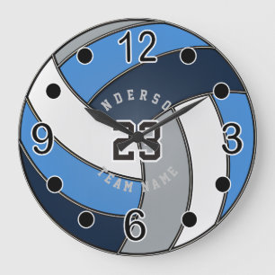 Grey, Dark Blue and Blue Volleyball Style Large Clock