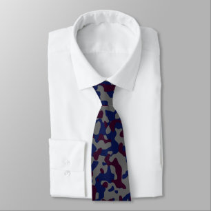 Grey, Dark Blue, Dark Red Camouflage Camo Pattern Tie