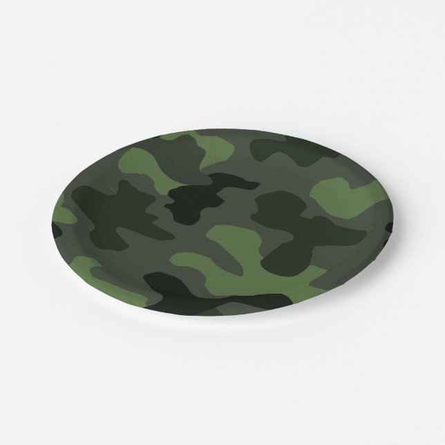 Grey dark green camouflage no.14 print  paper plate (Angled)