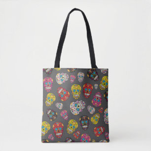 Grey Day of the Dead Colourful Sugar Skull Tote Bag