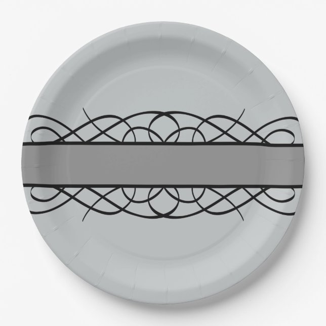 Grey Deco Flourish Paper Plates (Front)