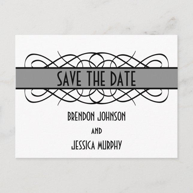 Grey Deco Flourish Save the Date Postcard (Front)