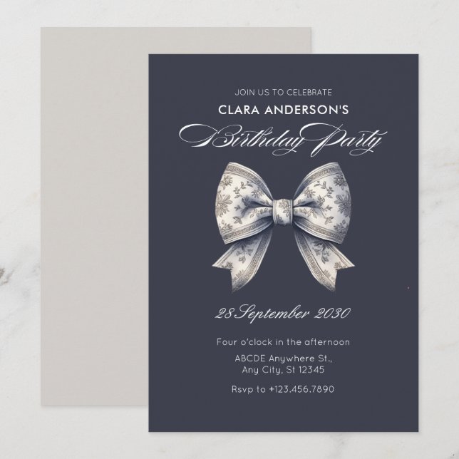 Grey decorative bow Birthday Invitation (Front/Back)