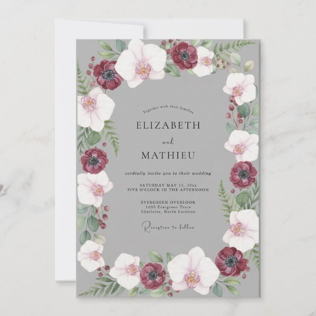 Grey Deep Red Anemone Wedding Invitation (Front)