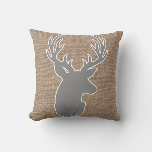Grey Deer Bust on Brown Faux Burlap Cushion (Front)