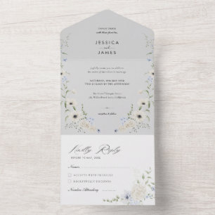 Grey Detachable RSVP Minimalist Wedding All In One Invitation