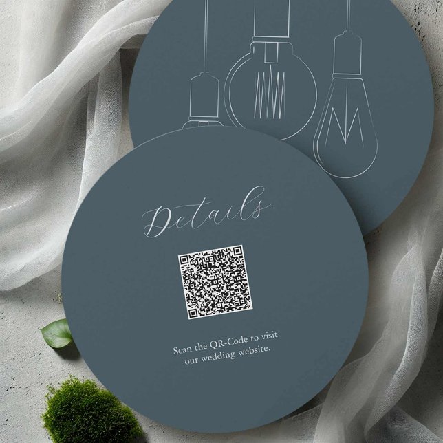 Grey Details QR code Card Industrial Chic Wedding (Industrial chic wedding stationery details card Edison bulb art by Victoria Grigaliunas DoTellABelle)