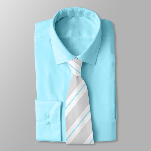 Grey, Diamond Blue, and White Striped Neck Tie (Grey, Diamond Blue, and White Striped Necktie on Blue Shirt)