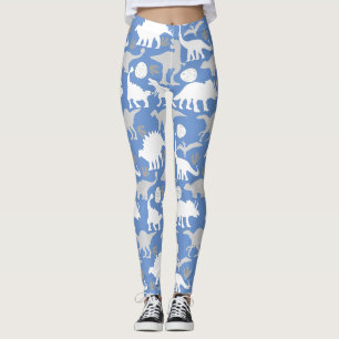 Grey Dino Pattern L Blue BG Leggings