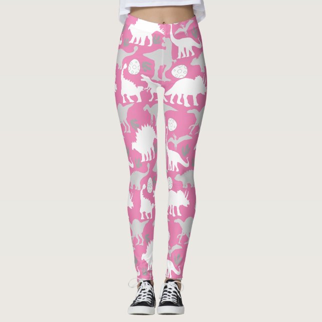 Grey Dino Pattern L Pink BG Leggings (Front)