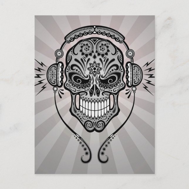 Grey DJ Sugar Skull with Rays of Light Postcard (Front)