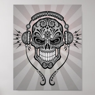 Grey DJ Sugar Skull with Rays of Light Poster