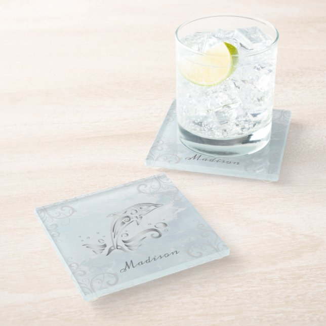 Grey Dolphin Personalised Glass Coaster (Angled)