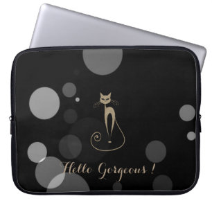 Grey Dots On Black Background,Cat,Hello Gorgeous Laptop Sleeve