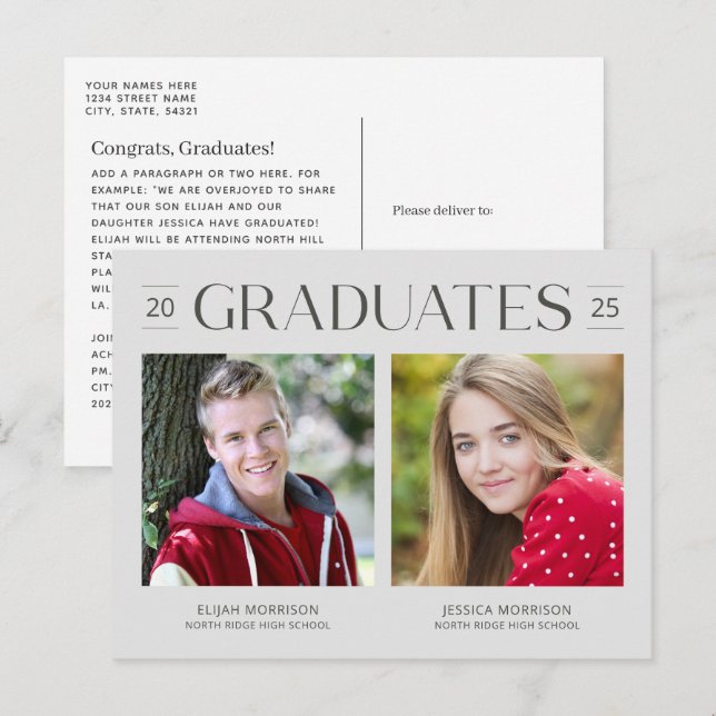 Grey Double Graduation Two Photos Neutral Grad Postcard (Front/Back)
