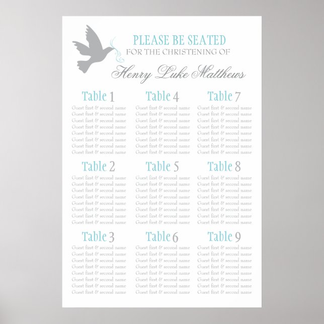 Grey dove aqua blue event seating table plan 1-9 poster (Front)
