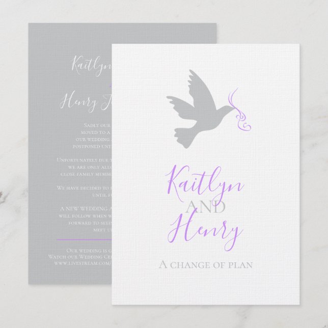 Grey dove purple ribbon change of wedding plans invitation (Front/Back)