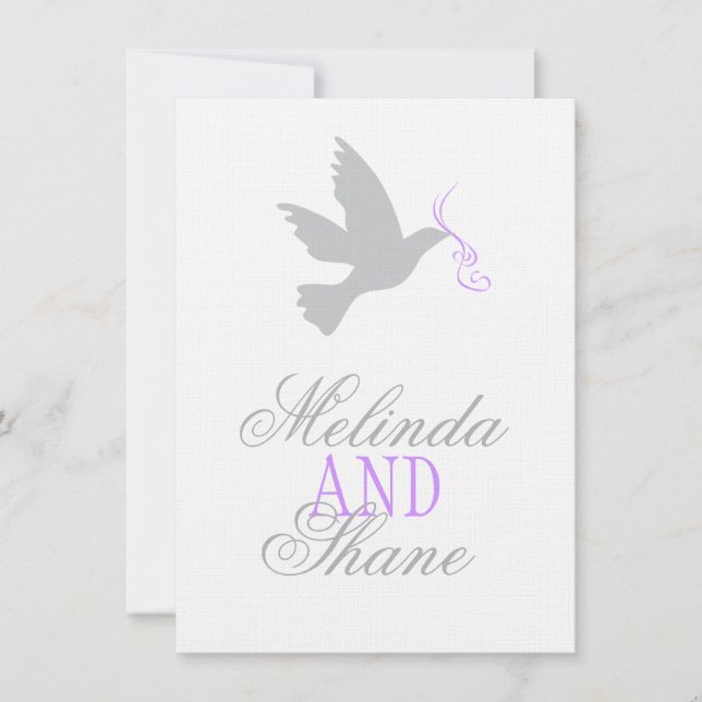 Grey dove purple ribbon formal wedding RSVP Invitation (Front)