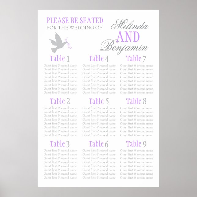 Grey dove purple wedding seating table planner 1-9 poster (Front)
